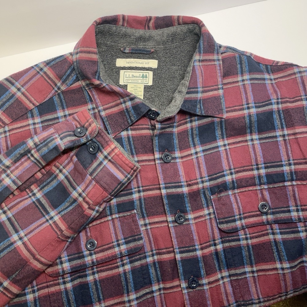 LL Bean‎ Shirt Mens L Tall Red Plaid Flannel Fleece Lined Outdoor Shacket Jacket